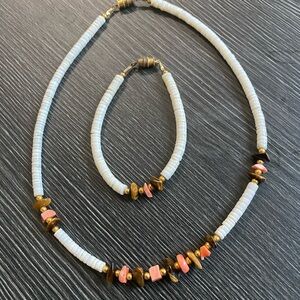 White shell Bead Necklace and Bracelet Set with Pink coral Accents